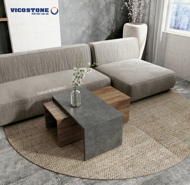 Với đá nhân tạo VICOSTONE Tartufo BQ8863 ốp tường, làm mặt bàn, không gian phòng khách càng thêm độc đáo và cá tính hơn