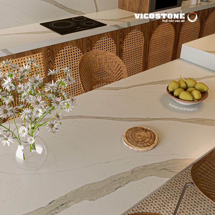 Tạo thêm điểm nhấn mềm mại và thu hút cho không gian nấu nướng với đá VICOSTONE Arabescato BQ8912 ốp bàn đảo, bàn bếp và tường