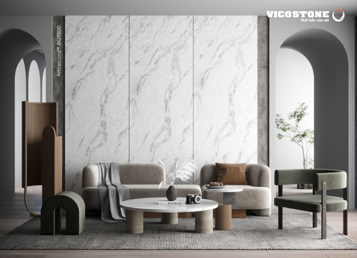 Phòng khách bừng sáng sức sống mới và giàu điểm nhấn sáng tạo, thu hút với đá VICOSTONE Amarcord 9500 ốp tường, làm mặt bàn trà