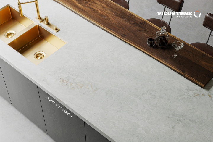Đá VICOSTONE Adamello BQ6881 ốp bàn đảo mang lại dấu ấn độc đáo nhưng không kém phần đẳng cấp cho không gian bếp
