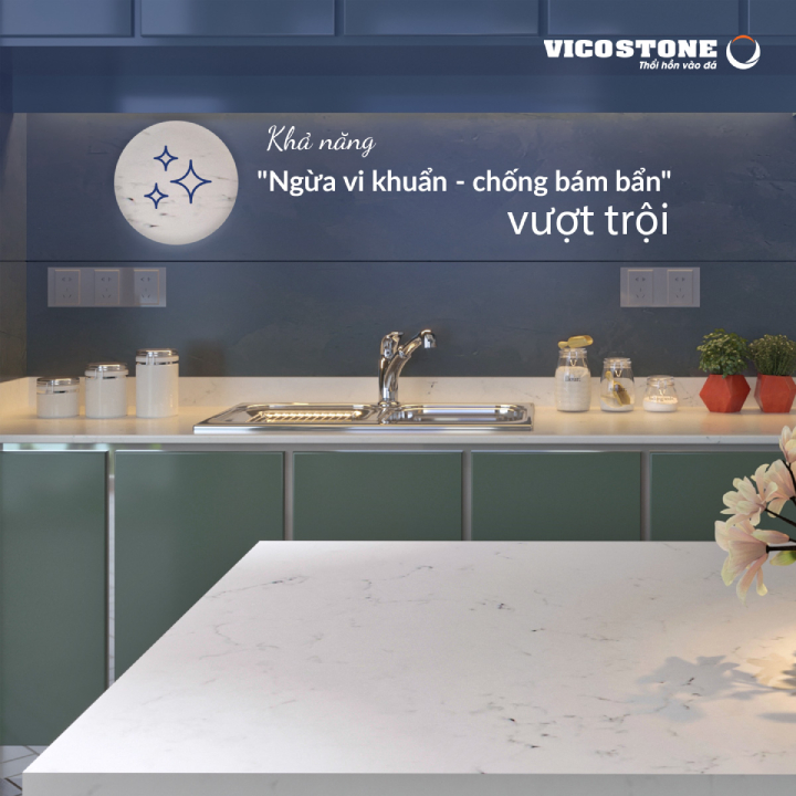 Với khả năng chống bám bẩn, ngừa vi khuẩn vượt trội, đá nhân tạo là sự lựa chọn tối ưu để làm bàn bếp