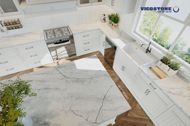 Đá nhân tạo VICOSTONE Lacus BQ6803 ốp bàn bếp, đảo bếp mang đến nguồn năng lượng mạnh mẽ, thổi hồn sống động vào không gian nấu nướng