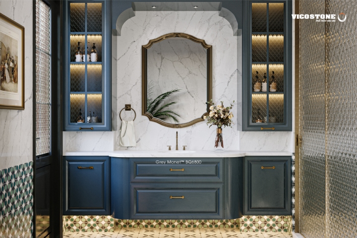 Không gian nhà tắm tươi mát và tràn đầy cảm hứng đến từ thiên nhiên với đá VICOSTONE Grey Monet BQ6800 ốp tường, bồn rửa tay