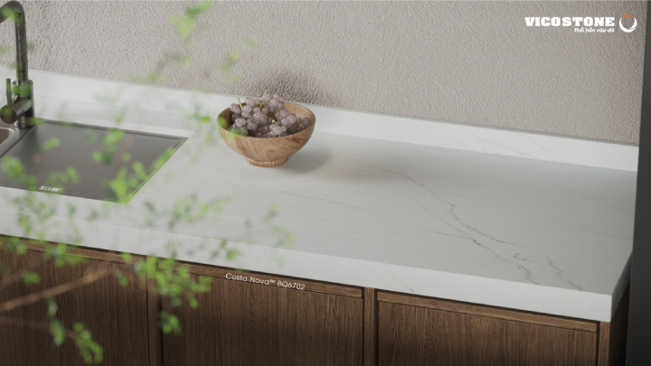 Đá VICOSTONE Costa Nova BQ 6702 ốp bàn bếp không chỉ biến bếp thành không gian nấu nướng gần gũi với thiên nhiên mà còn là nơi thể hiện phong cách sống độc đáo của gia chủ