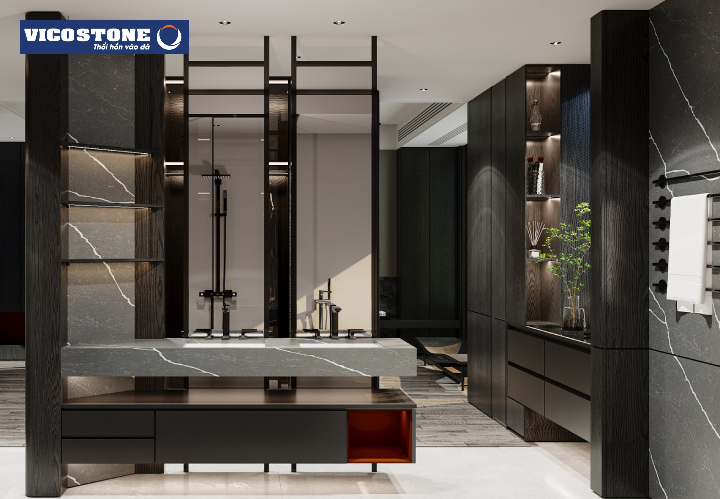 Tường ốp đá VICOSTONE Cemento BQ8730 tạo thành bức tranh đá đầy ấn tượng nới sảnh tiền, thu hút mọi quan khách ghé thăm