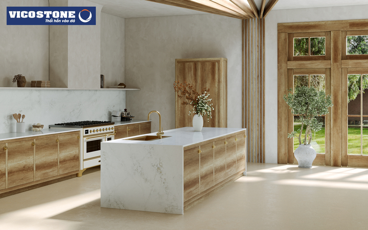Bàn ăn tích hợp bàn đảo ốp đá nhân tạo VICOSTONE Nuvolato BQ6880 nền trắng xám sang trọng kết hợp cùng những đường vân màu be và xám tinh tế.