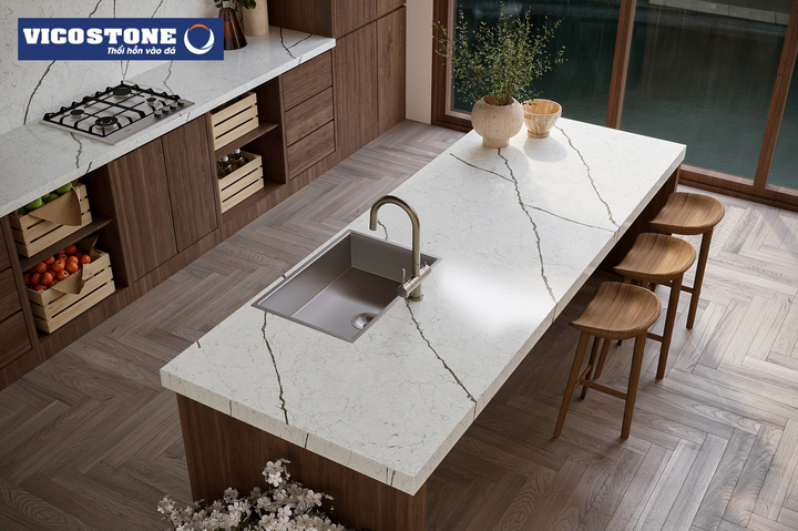 Bàn ăn tích hợp đảo bếp thiết kế đơn giản nhưng ấn tượng, thu hút với mặt đá nhân tạo gốc thạch anh VICOSTONE Diamante BQ8788