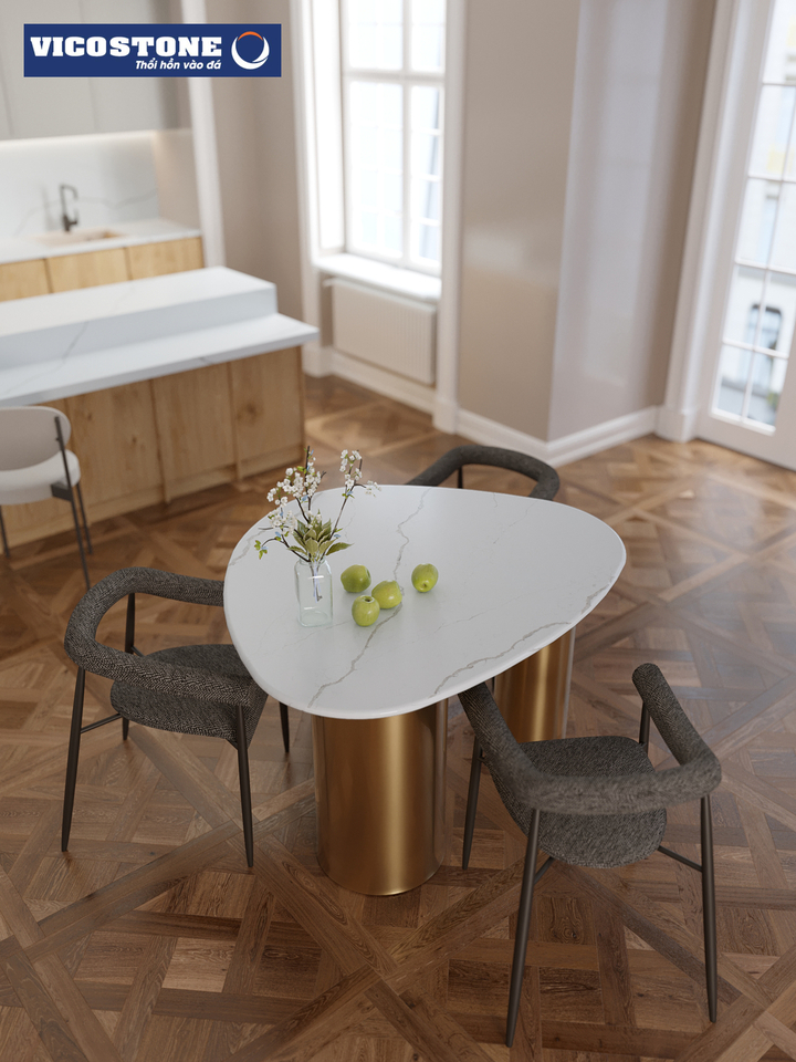 Một chiếc bàn ăn nhỏ sinh nhưng thu hút với bàn ăn mặt đá VICOSTONE Alessandria BQ8915 tạo nên điểm nhấn ấn tượng trong căn bếp