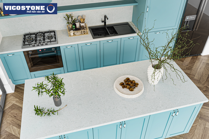Bàn ăn mặt đá nhân tạo VICOSTONE Icelake BQ8668 góp phần mang đến sự dịu mát và cảm giác thư thái đến cho không gian nấu nướng