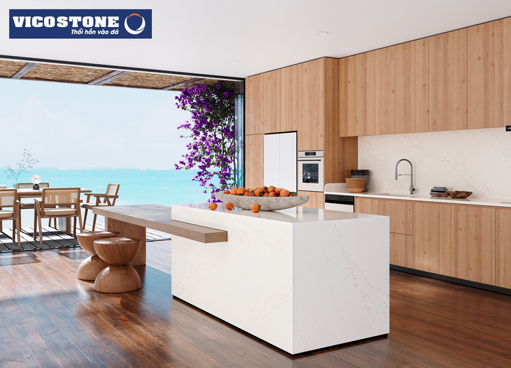 Bàn ăn kết hợp với bàn đảo ốp đá VICOSTONE Emanato BQ6901 vừa giàu tính thẩm mỹ vừa sở hữu độ bền cứng vượt trội, khả năng chống trầy xước, dễ vệ sinh, an toàn cho sức khỏe