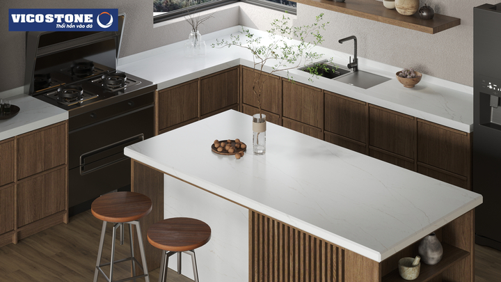 Bàn ăn tích hợp với đảo bếp thiết kế đơn giản, tiện lợi và đẹp mắt trở thành món đồ nội thất đa năng, giàu tính thẩm mỹ trong phòng bếp