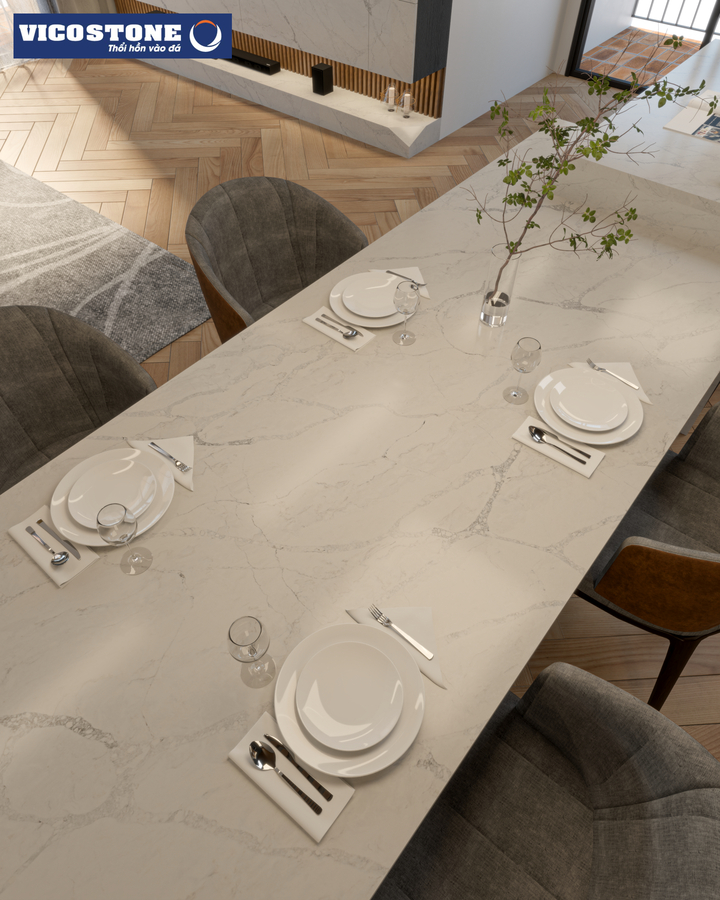 Bàn ăn mặt đá VICOSTONE Grey Monet BQ6800 góp phần tạo nên một tổng thể hài hòa, đồng nhất và tôn vinh phong cách cá nhân của gia chủ
