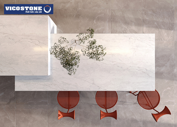 Đảo bếp kết hợp với bàn ăn ốp đá VICOSTONE Tyrol BQ6705 mang vẻ đẹp nền nã và giàu chiều sâu cho không gian bếp