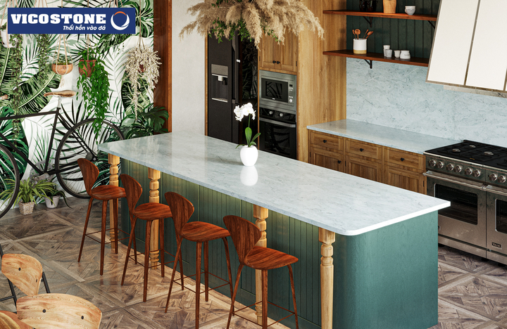 Bàn ăn mặt đá nhân tạo VICOSTONE Verdelia BQ7704 màu sắc nhã nhặn mang đến vẻ đẹp nhẹ nhàng, thu hút cho không gian bếp