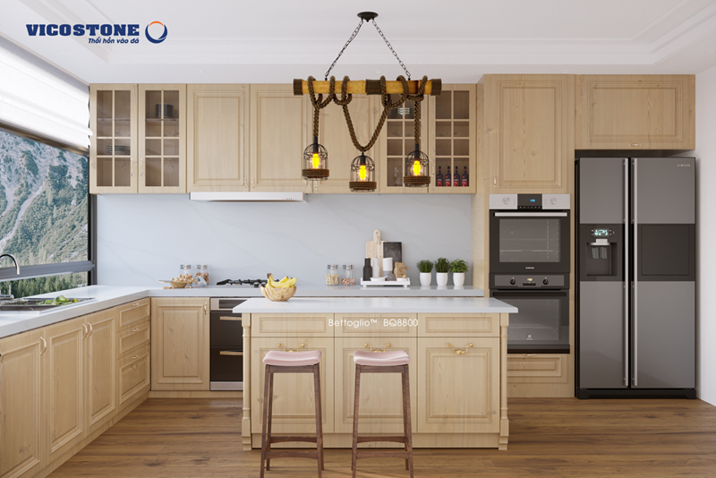 Bếp nấu và bồn rửa vuông góc giúp tối ưu diện tích, phù hợp với căn hộ chung cư
