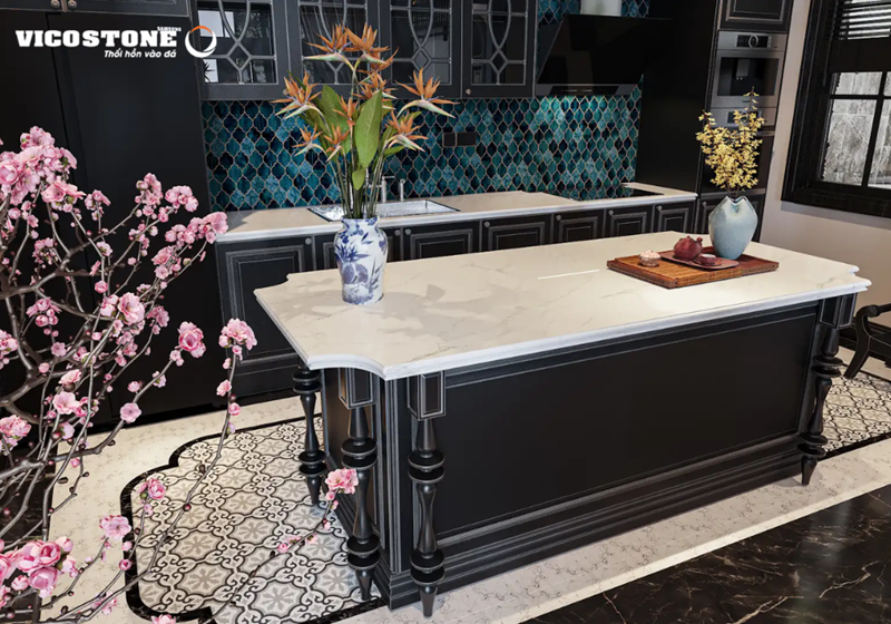 Nếu bếp và chậu rửa gần nhau, bạn nên sử dụng bàn đá nhân tạo VICOSTONE để làm cầu nối trung hòa, giúp hóa giải xung khắc và mang lại vẻ đẹp sang trọng