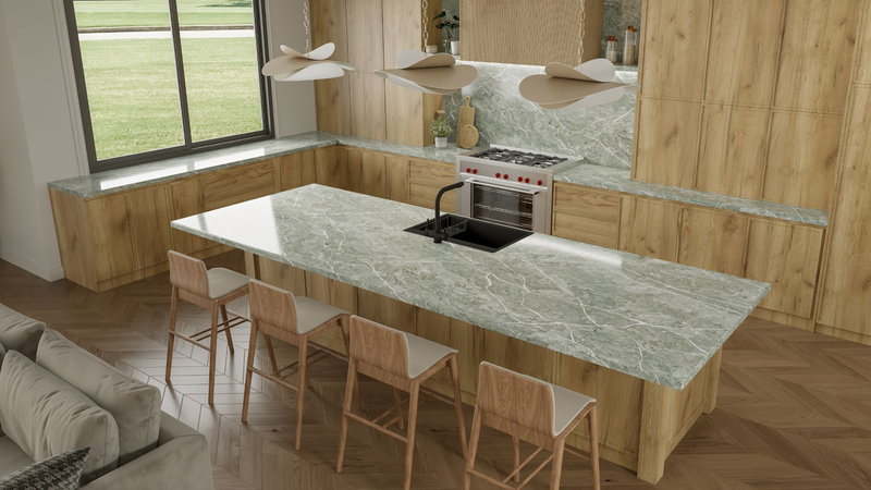 Sự kết hợp giữa đá VICOSTONE Vitoria Regia BQ6716 và hệ tủ gỗ tạo nên căn bếp hiện đại, gần gũi thiên nhiên, phù hợp với gia chủ mệnh Hỏa.