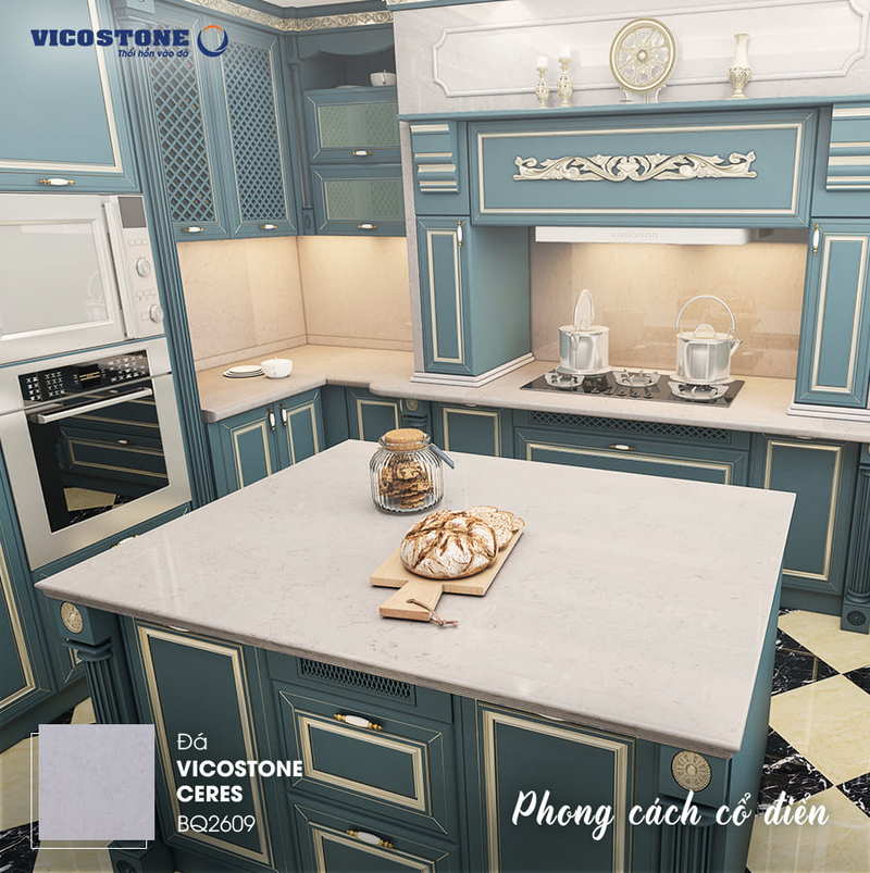 Đá VICOSTONE Ceres BQ2609 sở hữu nền xám nhạt cùng hiệu ứng vân vàng nâu tinh tế, tôn lên vẻ đẹp thanh lịch và sang trọng cho không gian bếp phong cách cổ điển.