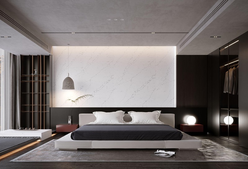 Mảng tường đầu giường ốp đá VICOSTONE Venatino BQ8660 với những đường vân xám mềm mại tạo điểm nhấn thanh lịch cho không gian phòng ngủ hiện đại.