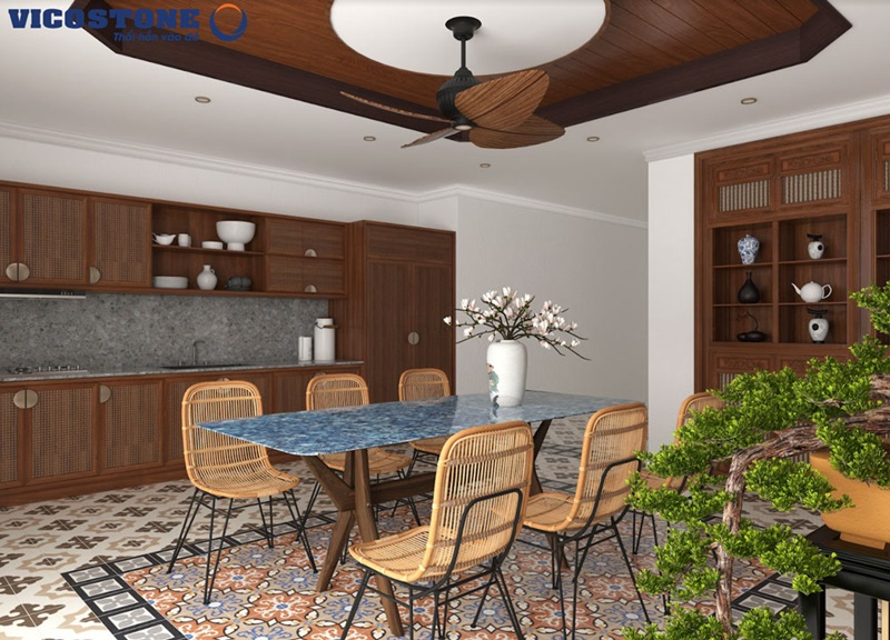 Bàn ăn mặt đá VICOSTONE Thunder Blue BQ8786 và tường bếp ốp đá VICOSTONE Cepodio BQ8794 mang đến vẻ đẹp sang trọng và đậm chất phong cách kiến trúc Indochine.