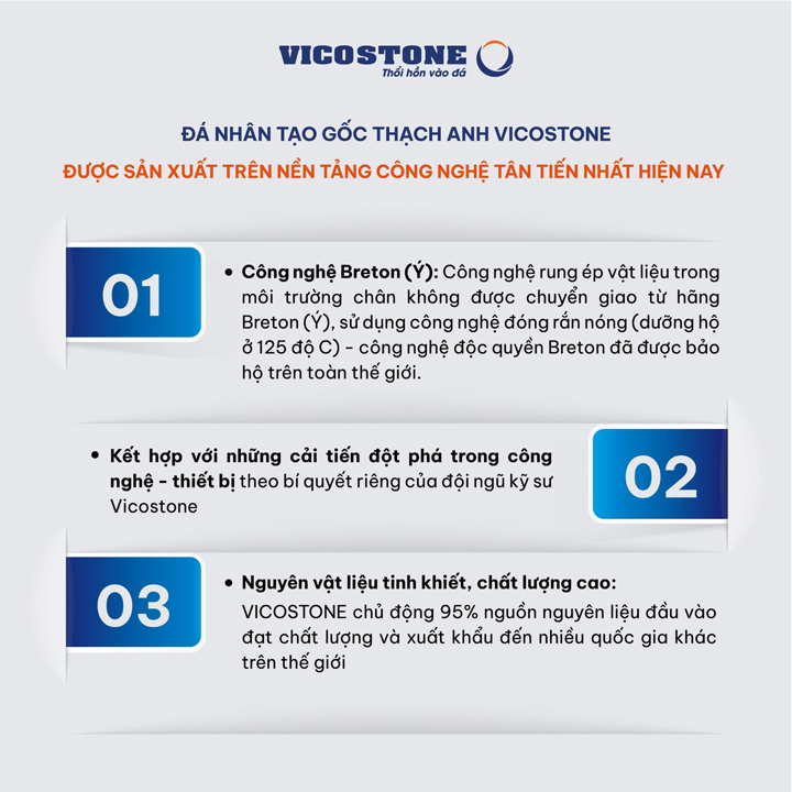 Công nghệ Breton trong quy trình sản xuất đá nhân tạo xuất khẩu gốc thạch anh của VICOSTONE
