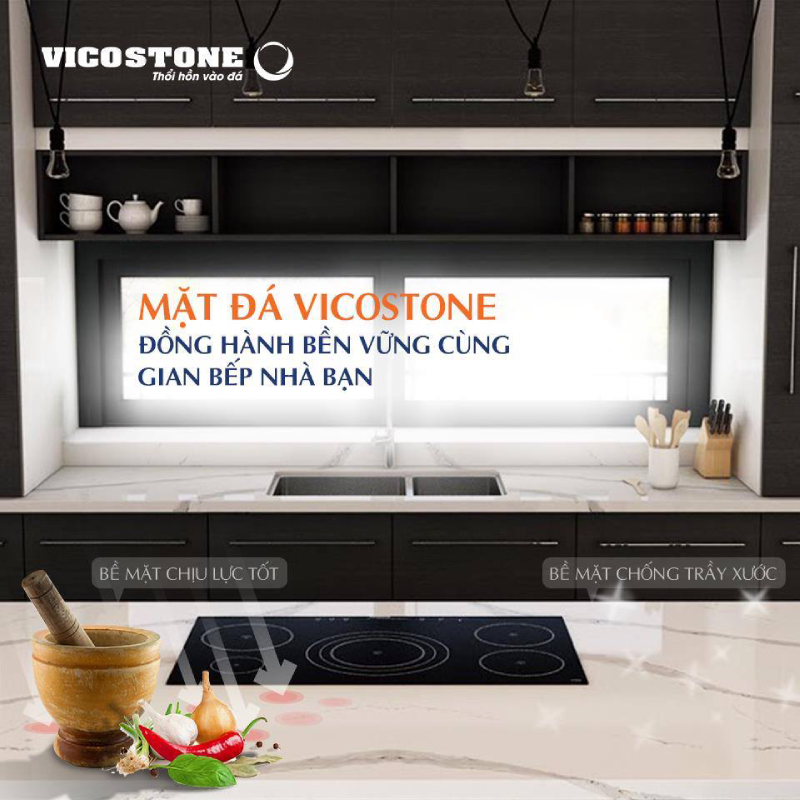 Bạn nên chọn loại đá có khả năng chịu lực tốt như đá nhân tạo gốc thạch anh VICOSTONE để làm bàn bếp