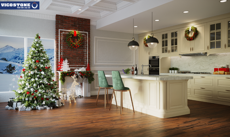 Biến hình nhà bếp theo phong cách giáng sinh tươi vui với đá VICOSTONE Verdelia BQ7704 cùng các vật dụng trang trí