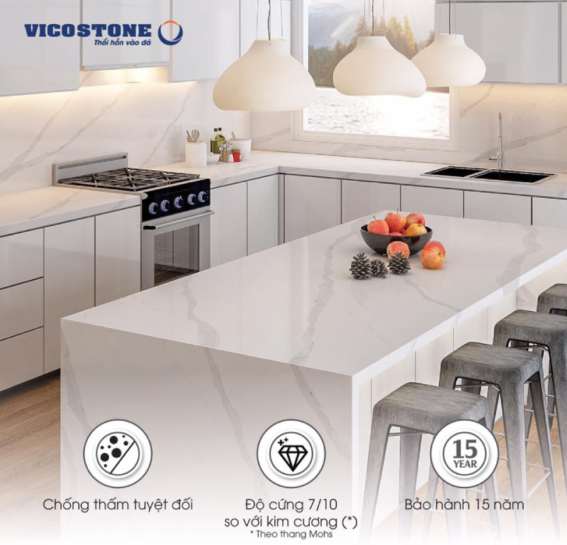 Đá nhân tạo gốc thạch anh VICOSTONE sở hữu nhiều ưu điểm vượt trội phù hợp làm bàn bếp