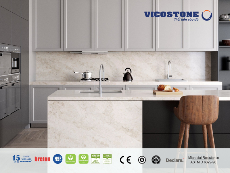 Đá nhân tạo gốc thạch anh VICOSTONE vừa đẹp vừa an toàn nên là vật liệu rất được ưa chuộng để thiết kế nhà bếp
