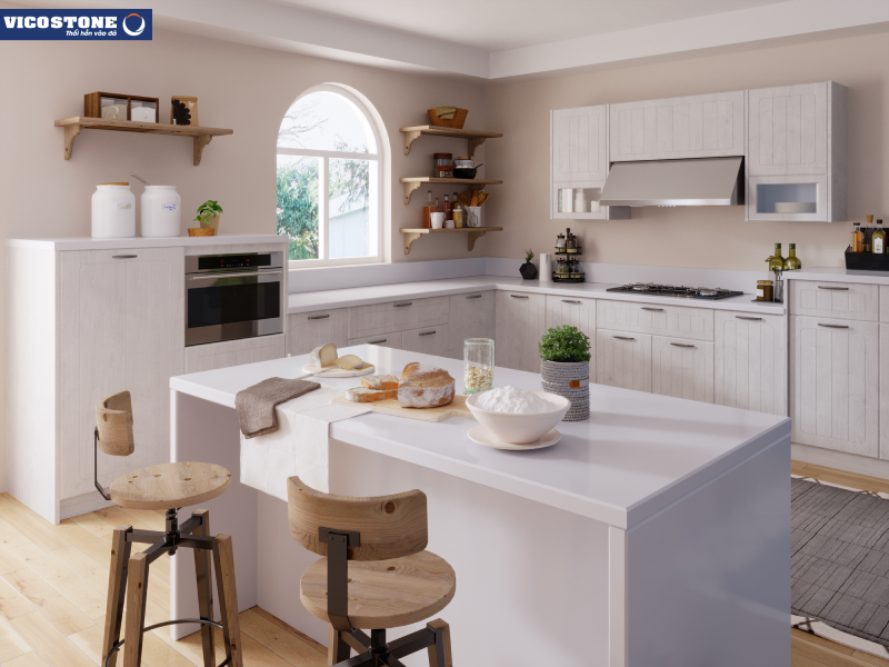 Đắm chìm trong vẻ đẹp thanh khiết, quý phái của nhà bếp nhỏ tông màu trắng sáng điểm vân rạn hiệu ứng 3D từ đá VICOSTONE Thasos BQ206
