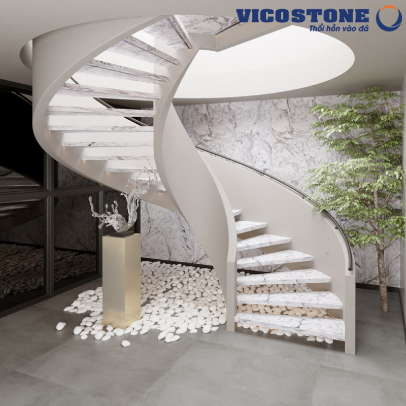 Đắm mình không gian tựa tiên cảnh của mẫu cầu thang ốp đá VICOSTONE White Fusion BQ8825 thanh cảnh, uốn lượn mềm mại, tinh khôi 