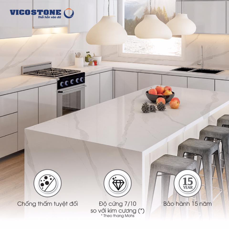 Khi mua đá nhân tạo gốc thạch anh VICOSTONE, khách hàng sẽ được bảo hành đến 15 năm