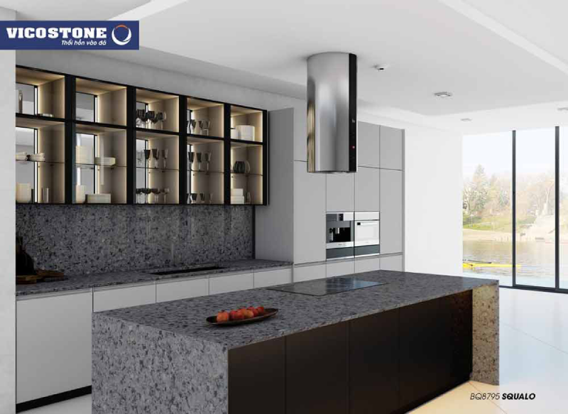 Mẫu nhà bếp hiện đại với đá VICOSTONE Squalo BQ8795 ốp tường, bàn đảo bếp