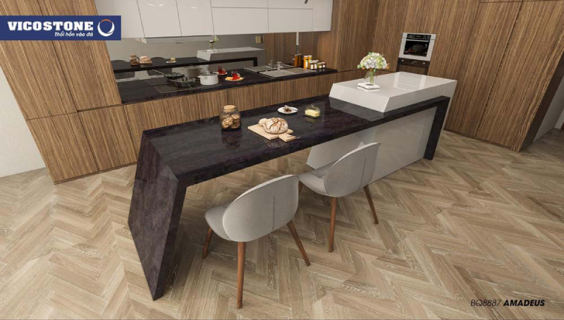 Mẫu nhà bếp sang trọng, hiện đại với mã đá VICOSTONE Amadeus BQ8887
