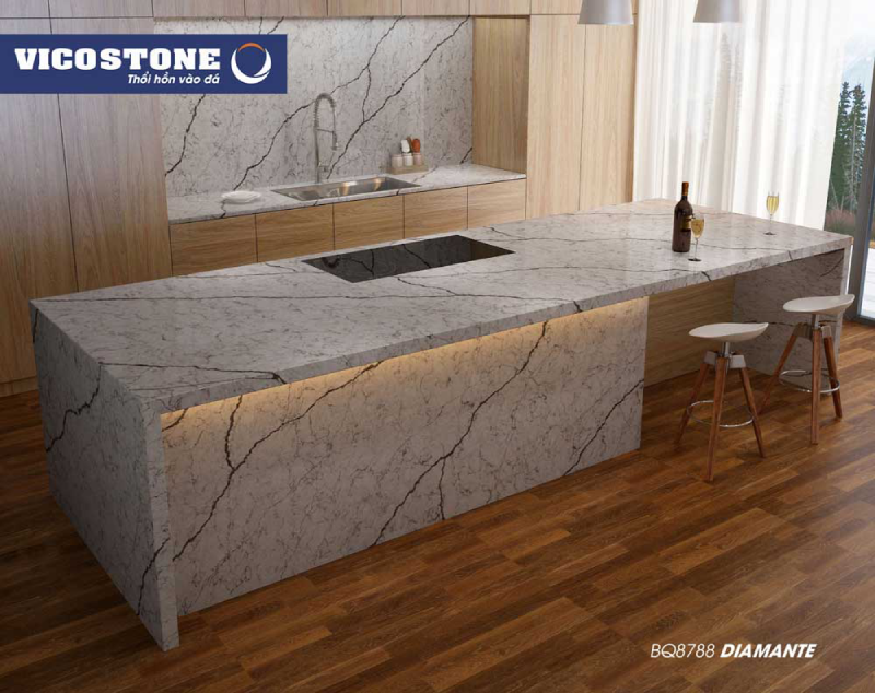 Nhà bếp hiện đại với sản phẩm đá VICOSTONE Diamante BQ8788