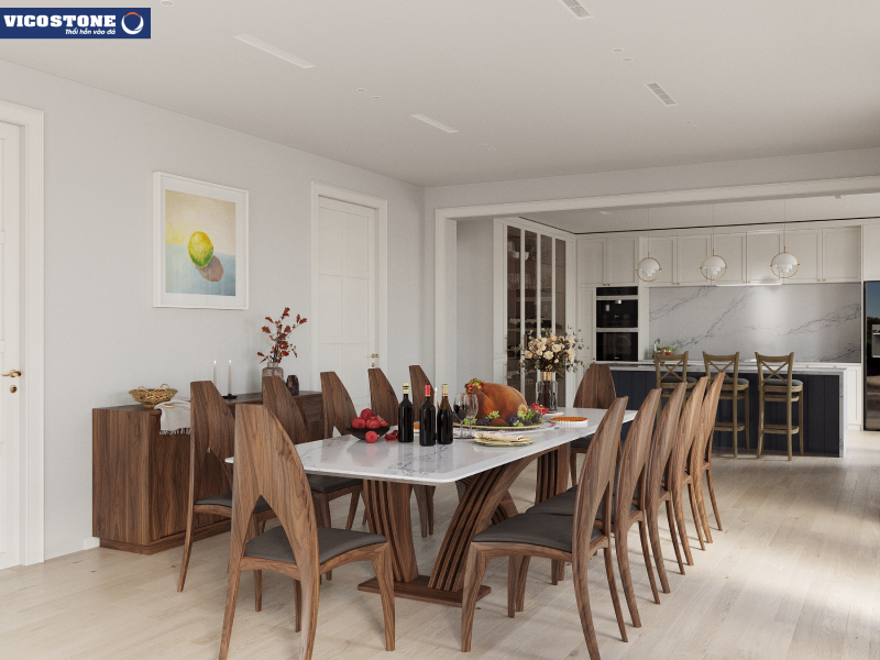 Nhà bếp kết nối với phòng ăn với sắc trắng, trắng xám, nâu vân gỗ chủ đạo và chất liệu đá VICOSTONE Faniello BQ8925 sử dụng xuyên suốt