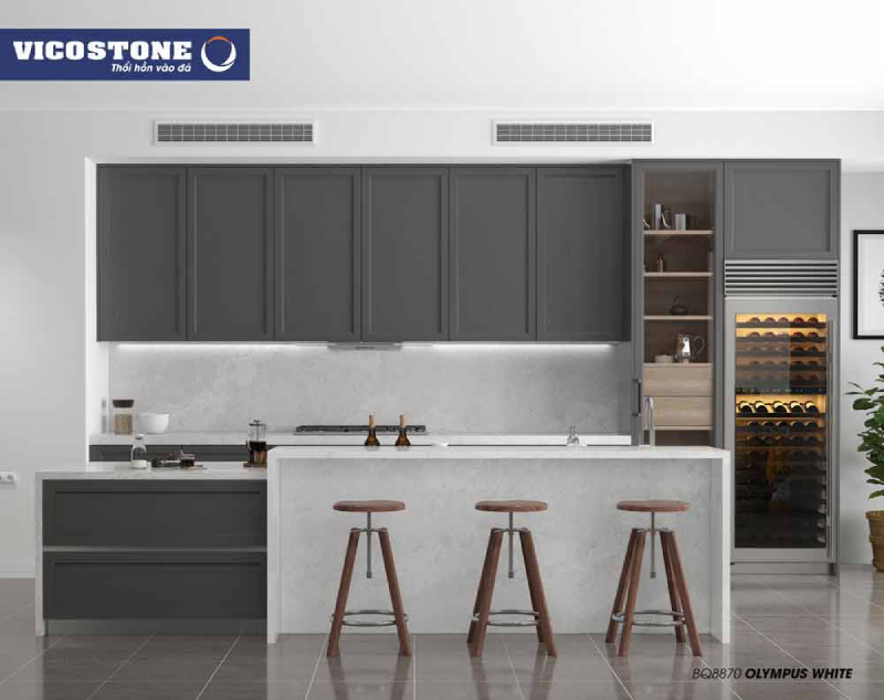 Nhà bếp thêm phần hiện đại và sang trọng khi sử dụng đá VICOSTONE Olympus White BQ8870 trắng xám lấy cảm hứng từ bề mặt giả xi măng