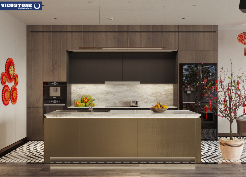 Nhà bếp tràn ngập không khí tết với đá VICOSTONE Moonglade BQ7702 hút mắt