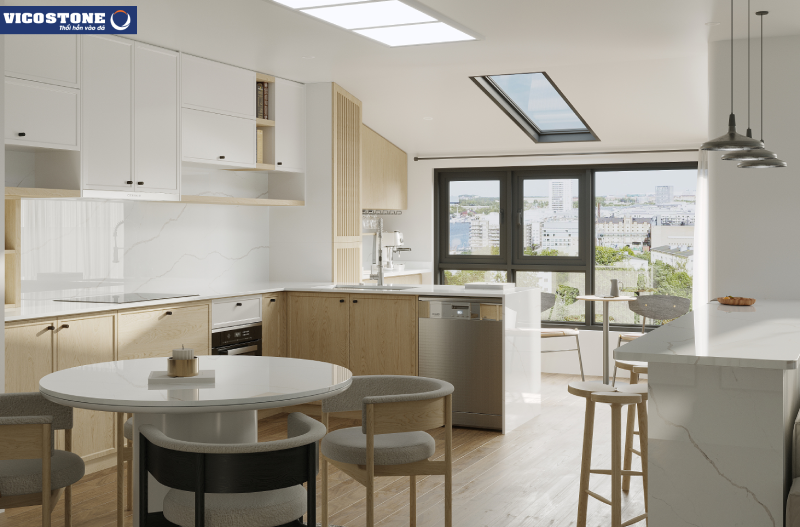 Sắc trắng của đá VICOSTONE Alessandria BQ8915 hòa cùng sắc nâu vân gỗ sáng tôn vinh vẻ tinh khôi của không gian nhà bếp