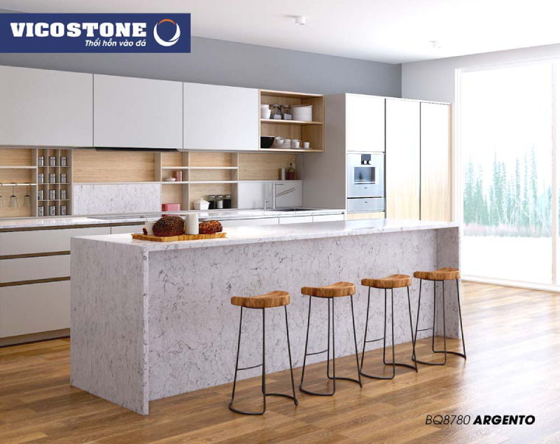 Thiết kế nhà bếp tinh tế, tràn đầy ánh sáng với mã đá VICOSTONE Argento BQ8780 vân mây bay bổng