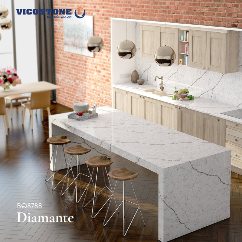 Thu hút mọi ánh nhìn với đảo bếp kết hợp bàn ăn đá VICOSTONE Diamante BQ8788