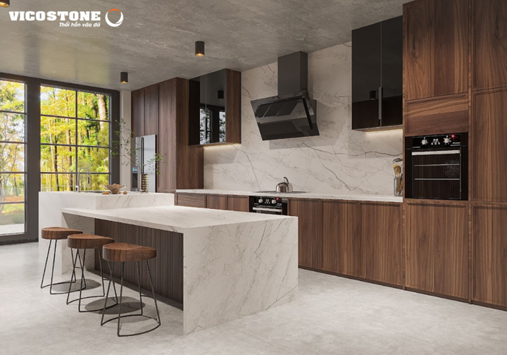 Đá VICOSTONE Lacus BQ6803 với vân xám ấn tượng ốp bàn đảo tạo điểm nhấn mạnh mẽ cho không gian bếp hiện đại và sang trọng