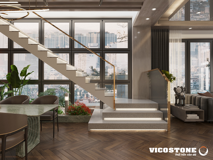 Cầu thang ốp đá Gravel Diamond Path tông be sáng 