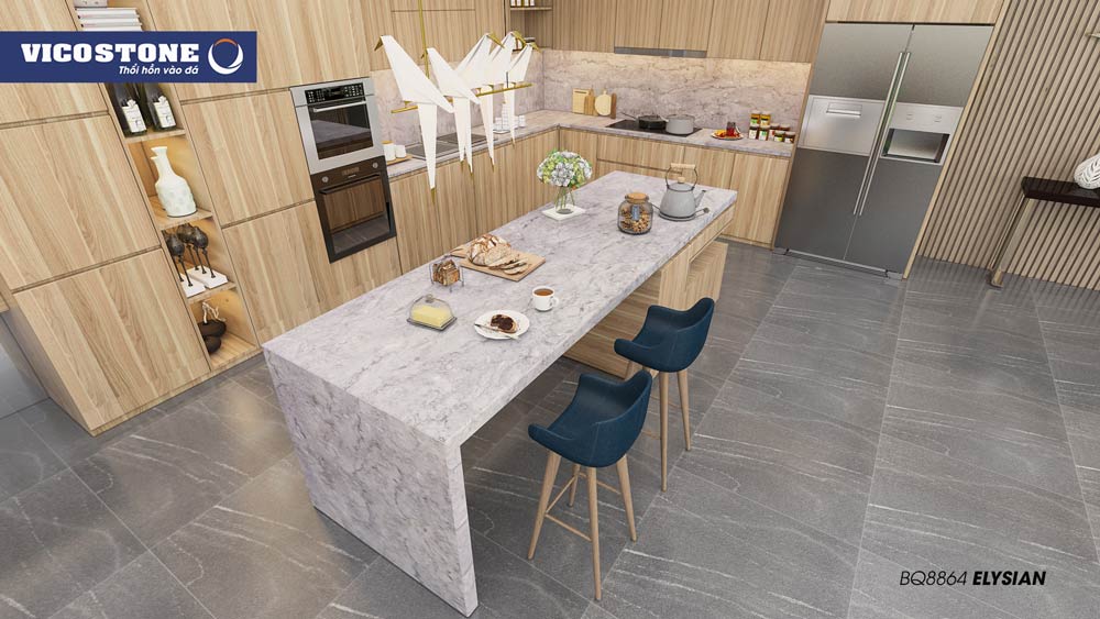 Đảo bếp kết hợp với bàn ăn tạo điểm nhấn cho không gian bếp