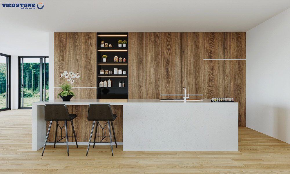 Không gian phòng bếp được thiết kế theo phong cách Rustic.