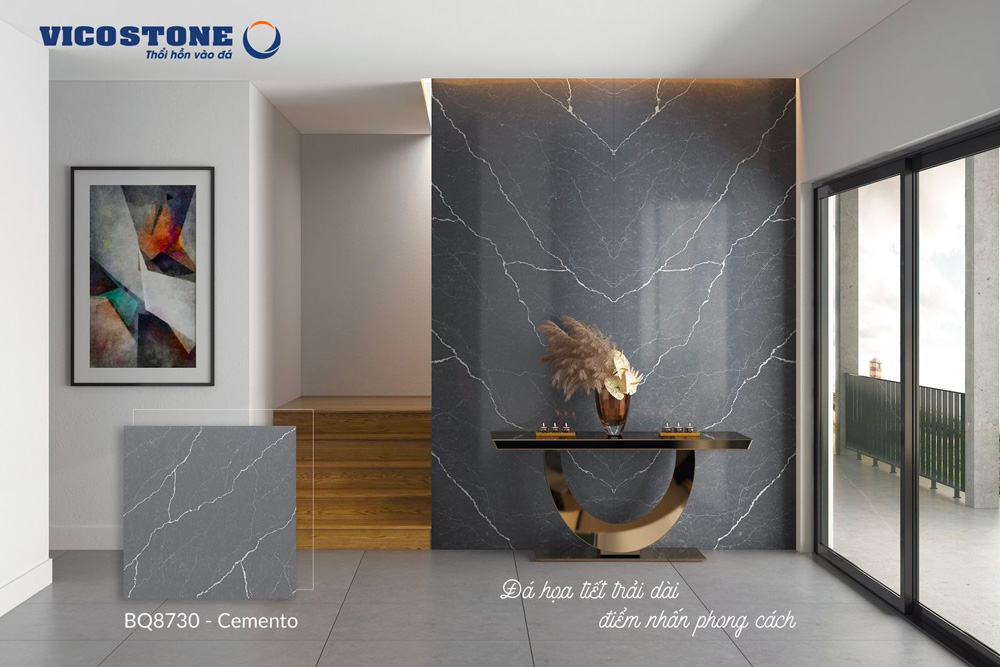 VICOSTONE Diamante BQ8788 với các vân tối độc đáo nổi trên nền đá granite trắng, cùng bề mặt sáng bóng lấp lánh ánh kim.