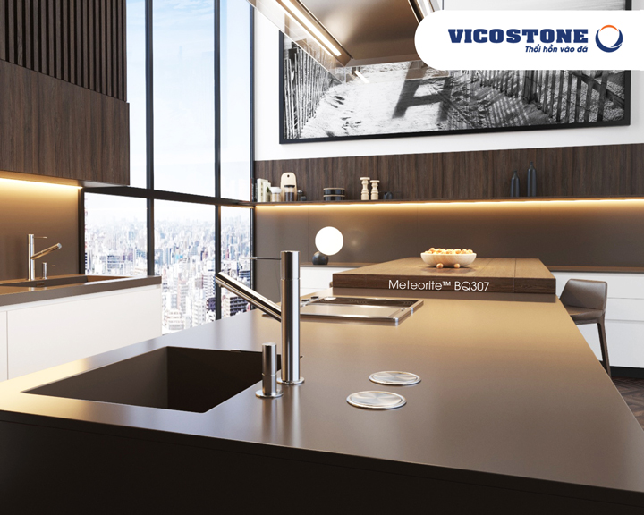 đá vicostone Meteorite BQ307 bàn đảo bếp nâu