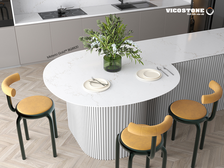 đá vicostone Misterio Gold BQ8820 bàn đảo bếp