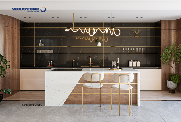 đá vicostone Sardiana BQ8850 bàn đảo bếp trắng