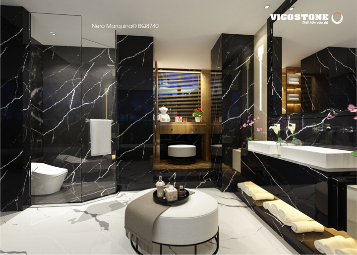 đá vicostone Nero Marquina BQ8740 phòng tắm cao cấp